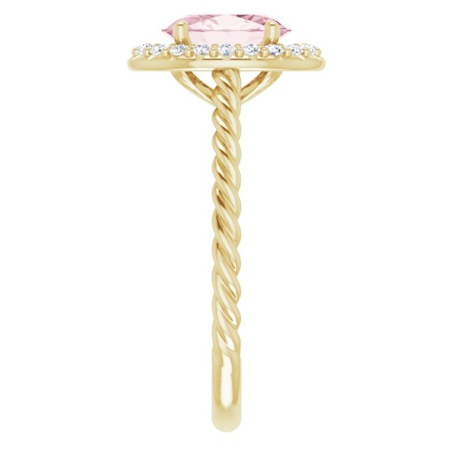 14K Gold Oval Natural Pink Morganite & Natural Diamond Halo-Style Rope Ring - Yellow Gold - view 4