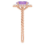14K Gold Oval Natural Amethyst & Natural Diamond Halo-Style Rope Ring - Rose Gold - view 4