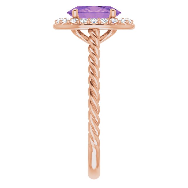 14K Gold Oval Natural Amethyst & Natural Diamond Halo-Style Rope Ring - Rose Gold - view 4