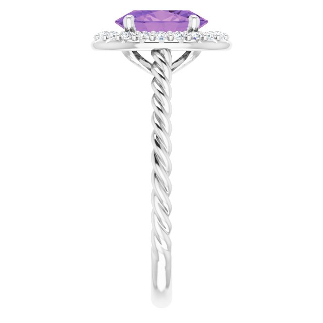 14K Gold Oval Natural Amethyst & Natural Diamond Halo-Style Rope Ring - White Gold - view 4