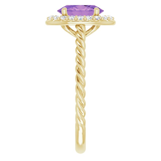 14K Gold Oval Natural Amethyst & Natural Diamond Halo-Style Rope Ring - Yellow Gold - view 4