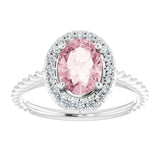 14K Gold Oval Natural Pink Morganite & Natural Diamond Halo-Style Rope Ring - White Gold - view 3
