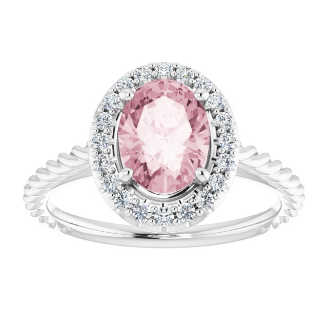 14K Gold Oval Natural Pink Morganite & Natural Diamond Halo-Style Rope Ring - White Gold - view 3
