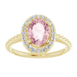 14K Gold Oval Natural Pink Morganite & Natural Diamond Halo-Style Rope Ring - Yellow Gold - view 3