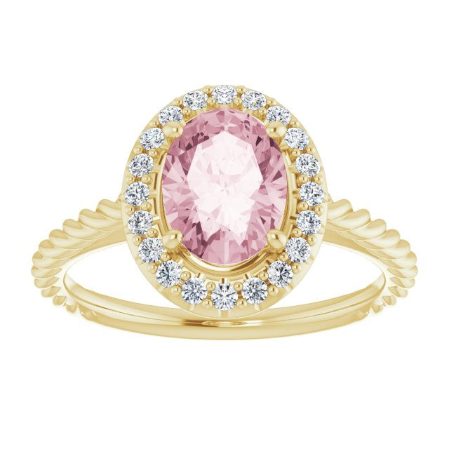 14K Gold Oval Natural Pink Morganite & Natural Diamond Halo-Style Rope Ring - Yellow Gold - view 3