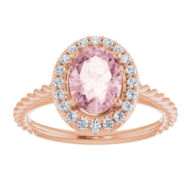 14K Gold Oval Natural Pink Morganite & Natural Diamond Halo-Style Rope Ring - Rose Gold - view 3