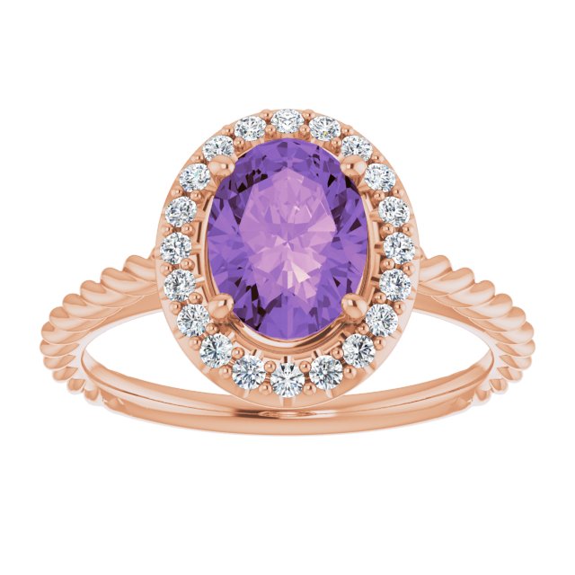 14K Gold Oval Natural Amethyst & Natural Diamond Halo-Style Rope Ring - Rose Gold - view 3