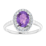 14K Gold Oval Natural Amethyst & Natural Diamond Halo-Style Rope Ring - White Gold - view 3