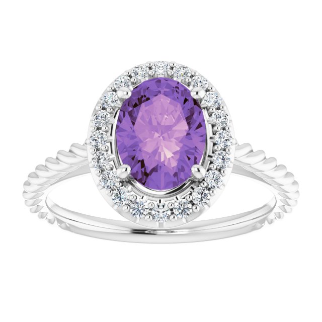 14K Gold Oval Natural Amethyst & Natural Diamond Halo-Style Rope Ring - White Gold - view 3