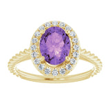 14K Gold Oval Natural Amethyst & Natural Diamond Halo-Style Rope Ring - Yellow Gold - view 3