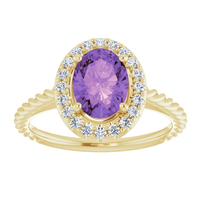 14K Gold Oval Natural Amethyst & Natural Diamond Halo-Style Rope Ring - Yellow Gold - view 3
