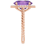14K Gold Oval Natural Amethyst & Natural Diamond Halo-Style Rope Ring - Rose Gold - view 4