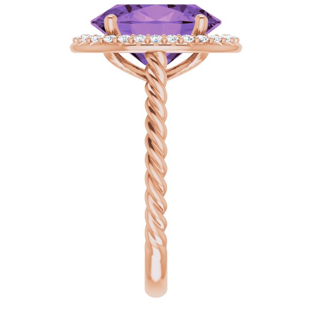 14K Gold Oval Natural Amethyst & Natural Diamond Halo-Style Rope Ring - Rose Gold - view 4