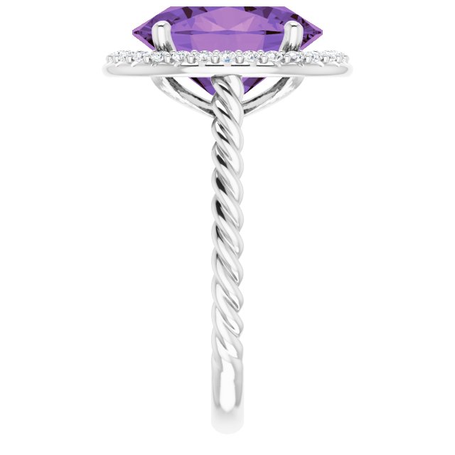14K Gold Oval Natural Amethyst & Natural Diamond Halo-Style Rope Ring - White Gold - view 4