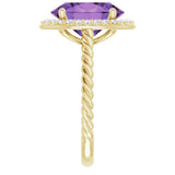 14K Gold Oval Natural Amethyst & Natural Diamond Halo-Style Rope Ring - Yellow Gold - view 4