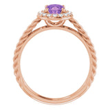 14K Gold Oval Natural Amethyst & Natural Diamond Halo-Style Rope Ring - Rose Gold - view 2