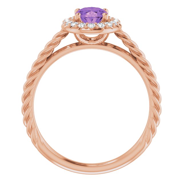 14K Gold Oval Natural Amethyst & Natural Diamond Halo-Style Rope Ring - Rose Gold - view 2