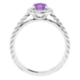 14K Gold Oval Natural Amethyst & Natural Diamond Halo-Style Rope Ring - White Gold - view 2