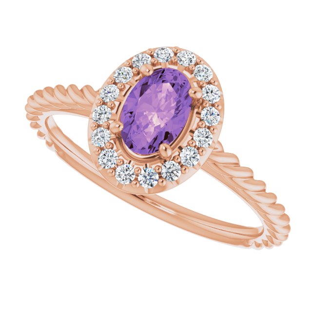 14K Gold Oval Natural Amethyst & Natural Diamond Halo-Style Rope Ring - Rose Gold - view 5