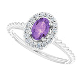 14K Gold Oval Natural Amethyst & Natural Diamond Halo-Style Rope Ring - White Gold - view 5