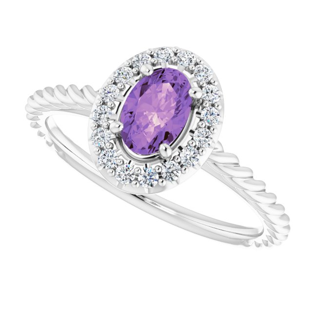 14K Gold Oval Natural Amethyst & Natural Diamond Halo-Style Rope Ring - White Gold - view 5