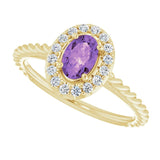 14K Gold Oval Natural Amethyst & Natural Diamond Halo-Style Rope Ring - Yellow Gold - view 5