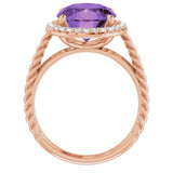 14K Gold Oval Natural Amethyst & Natural Diamond Halo-Style Rope Ring - Rose Gold - view 2