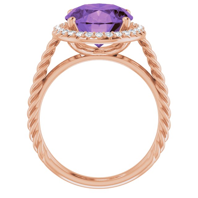 14K Gold Oval Natural Amethyst & Natural Diamond Halo-Style Rope Ring - Rose Gold - view 2