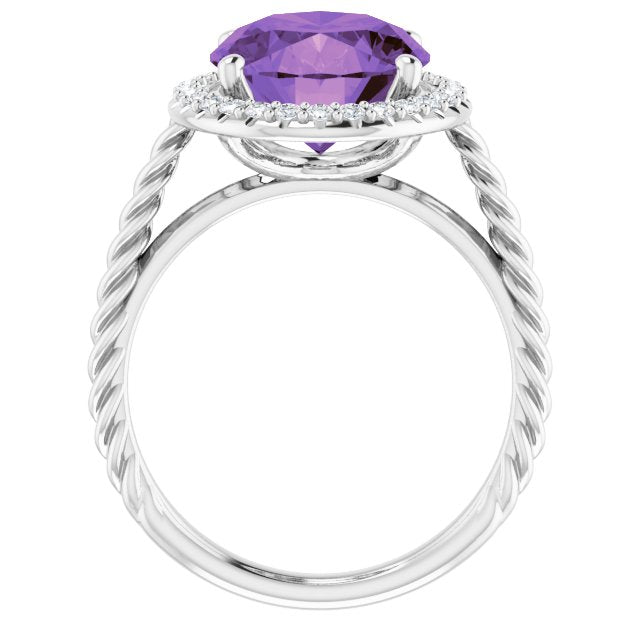 14K Gold Oval Natural Amethyst & Natural Diamond Halo-Style Rope Ring - White Gold - view 2