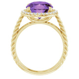 14K Gold Oval Natural Amethyst & Natural Diamond Halo-Style Rope Ring - Yellow Gold - view 2