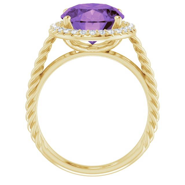14K Gold Oval Natural Amethyst & Natural Diamond Halo-Style Rope Ring - Yellow Gold - view 2