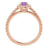 14K Gold Oval Natural Amethyst & Natural Diamond Halo-Style Rope Ring - Rose Gold - view 2