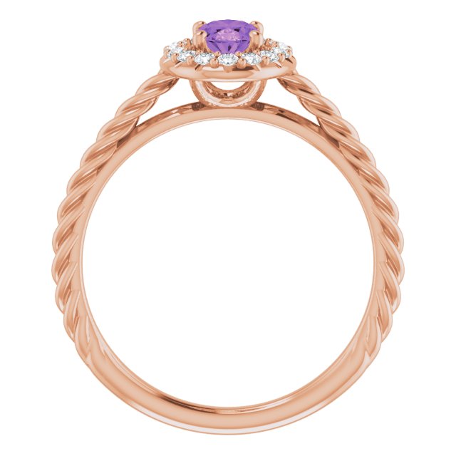 14K Gold Oval Natural Amethyst & Natural Diamond Halo-Style Rope Ring - Rose Gold - view 2