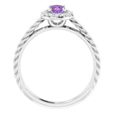 14K Gold Oval Natural Amethyst & Natural Diamond Halo-Style Rope Ring - White Gold - view 2