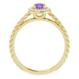 14K Gold Oval Natural Amethyst & Natural Diamond Halo-Style Rope Ring - Yellow Gold - view 2