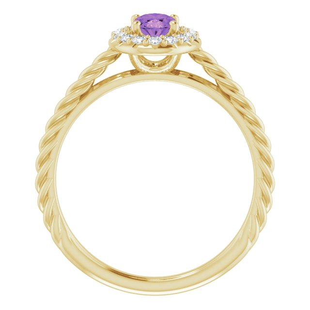 14K Gold Oval Natural Amethyst & Natural Diamond Halo-Style Rope Ring - Yellow Gold - view 2