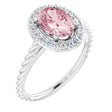 14K Gold Oval Natural Pink Morganite & Natural Diamond Halo-Style Rope Ring - White Gold