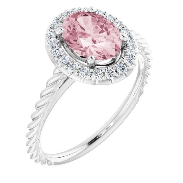 14K Gold Oval Natural Pink Morganite & Natural Diamond Halo-Style Rope Ring - White Gold