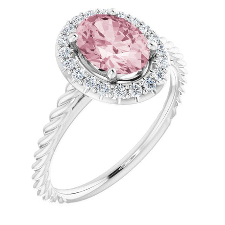 Platinum Oval Natural Pink Morganite & Natural Diamond Halo-Style Rope Ring