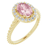14K Gold Oval Natural Pink Morganite & Natural Diamond Halo-Style Rope Ring - Yellow Gold