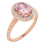 14K Gold Oval Natural Pink Morganite & Natural Diamond Halo-Style Rope Ring - Rose Gold