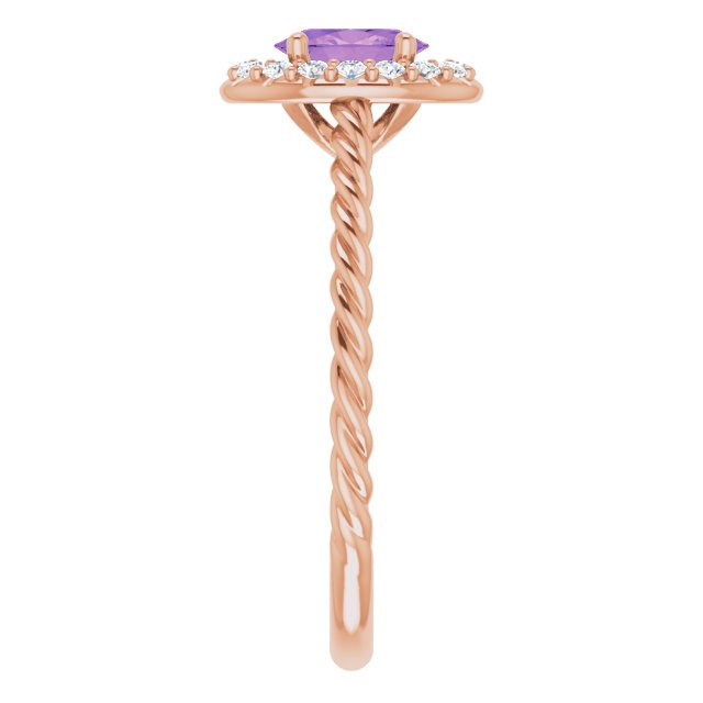 14K Gold Oval Natural Amethyst & Natural Diamond Halo-Style Rope Ring - Rose Gold - view 4