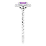 14K Gold Oval Natural Amethyst & Natural Diamond Halo-Style Rope Ring - White Gold - view 4