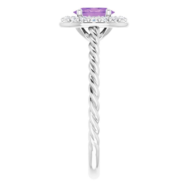 14K Gold Oval Natural Amethyst & Natural Diamond Halo-Style Rope Ring - White Gold - view 4