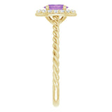 14K Gold Oval Natural Amethyst & Natural Diamond Halo-Style Rope Ring - Yellow Gold - view 4