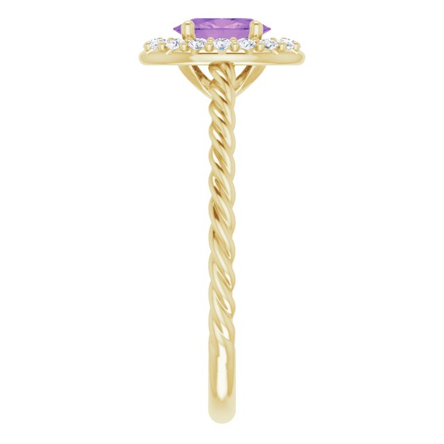 14K Gold Oval Natural Amethyst & Natural Diamond Halo-Style Rope Ring - Yellow Gold - view 4