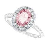 14K Gold Oval Natural Pink Morganite & Natural Diamond Halo-Style Rope Ring - White Gold - view 5