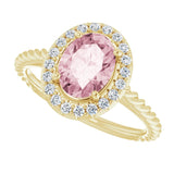 14K Gold Oval Natural Pink Morganite & Natural Diamond Halo-Style Rope Ring - Yellow Gold - view 5