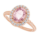 14K Gold Oval Natural Pink Morganite & Natural Diamond Halo-Style Rope Ring - Rose Gold - view 5
