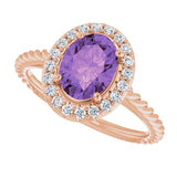 14K Gold Oval Natural Amethyst & Natural Diamond Halo-Style Rope Ring - Rose Gold - view 5
